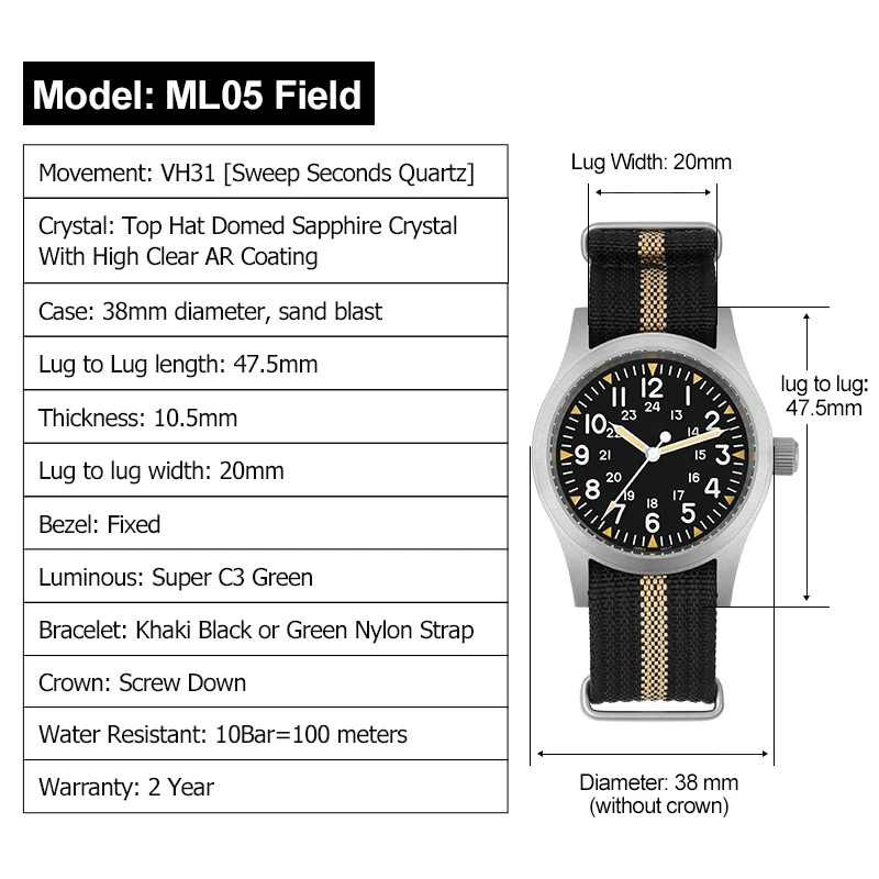 RDUNAE 34.5mm zegarek wojskowy Retro 316L ze stali nierdzewnej K1 szkiełko mineralne świecąca osobowość sportowy kwarcowy męski zegarek pilotażowy