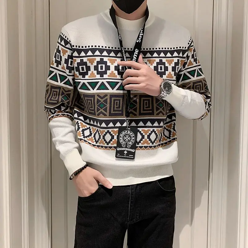 Spring Autumn New Fashion Printing Long Sleeve Sweater Man High Street Casual Loose Jacquard Weave All-match Harajuku Pullovers