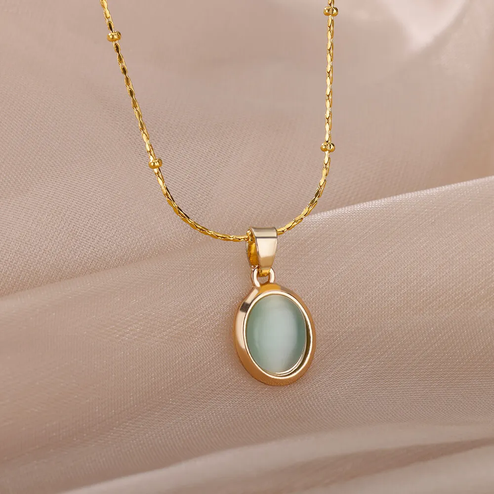Fashion Stone Opal Oval Necklace For Women Stainless Steel