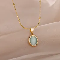Fashion Stone Opal Oval Necklace For Women Stainless Steel Gold Color Oval Stone Pendant Necklace Wedding Aesthetic Jewelry Gift 4