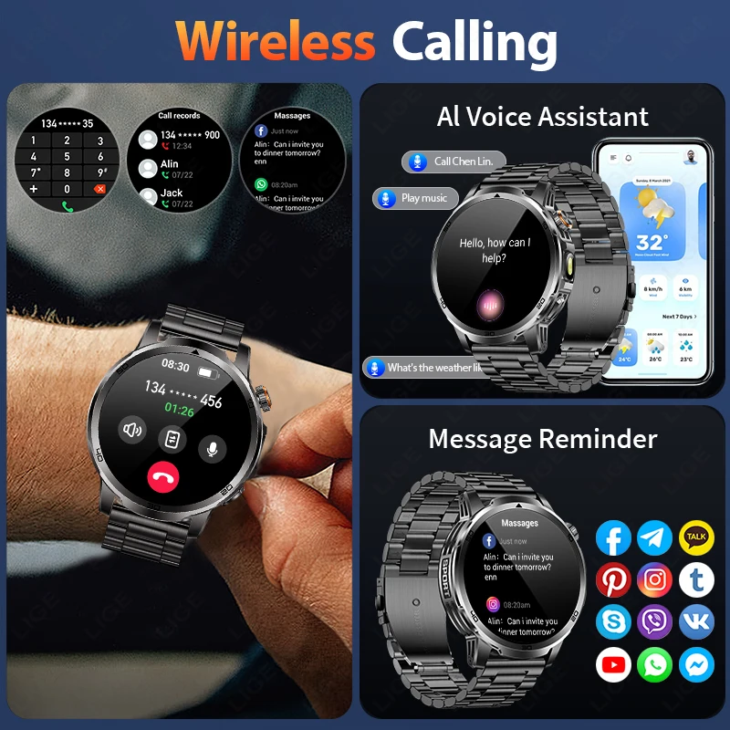 LIGE Outdoor Smart Watch Men 1000mAh Battery LED Flashlight SmartWatch Bluetooth Call Heart Rate Waterproof Sports Smartwatch