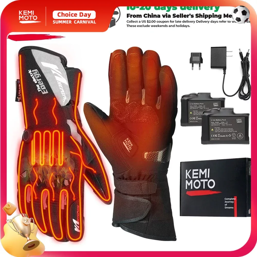 KEMIMOTO Heated Gloves Motorcycle Winter Moto Heated Gloves Warm Waterproof Rechargeable Heating Thermal Gloves For Snowmobile