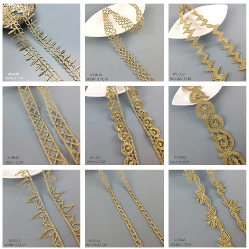 2y 골드 레이스 DIY 로리타 의류 액세서리 재봉 레이스 트림 너비 1.2-12cm 퀸 드레스 웨딩 레이스 소재 XYJB01 XYJB36