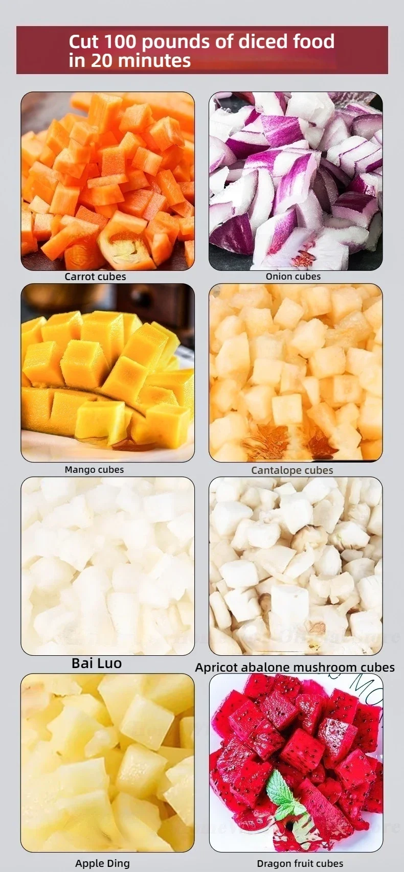 Description Picture 6 of itemLX EVEC Commercial Electric Vegetable Cube Cutting Machine Fruit Slicer Cutting Strip Dice Food Processor With 5 Blades