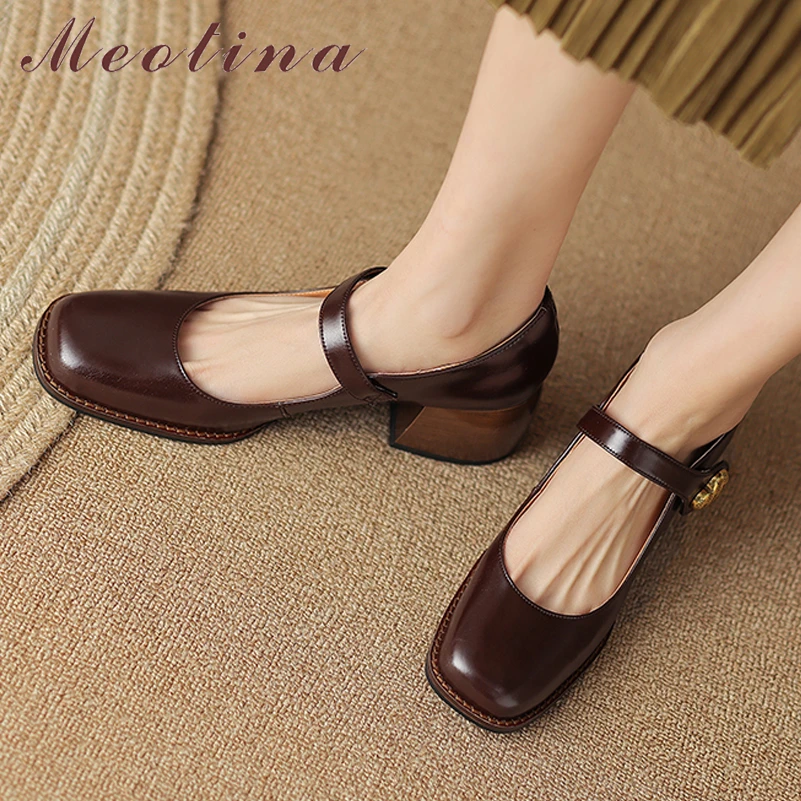

Meotina Women Genuine Leather Mary Janes Square Toe Block Mid Heels Buckle Pumps Shallow Ladies Fashion Shoes Spring Summer 40