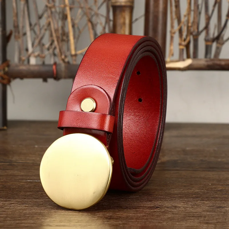 3.3 Wide Pure Cowhide Genuine Leather for Men's High Quality Jeans Smooth Round Buckle Brass Buckle Belts Cowboy Waistband Male
