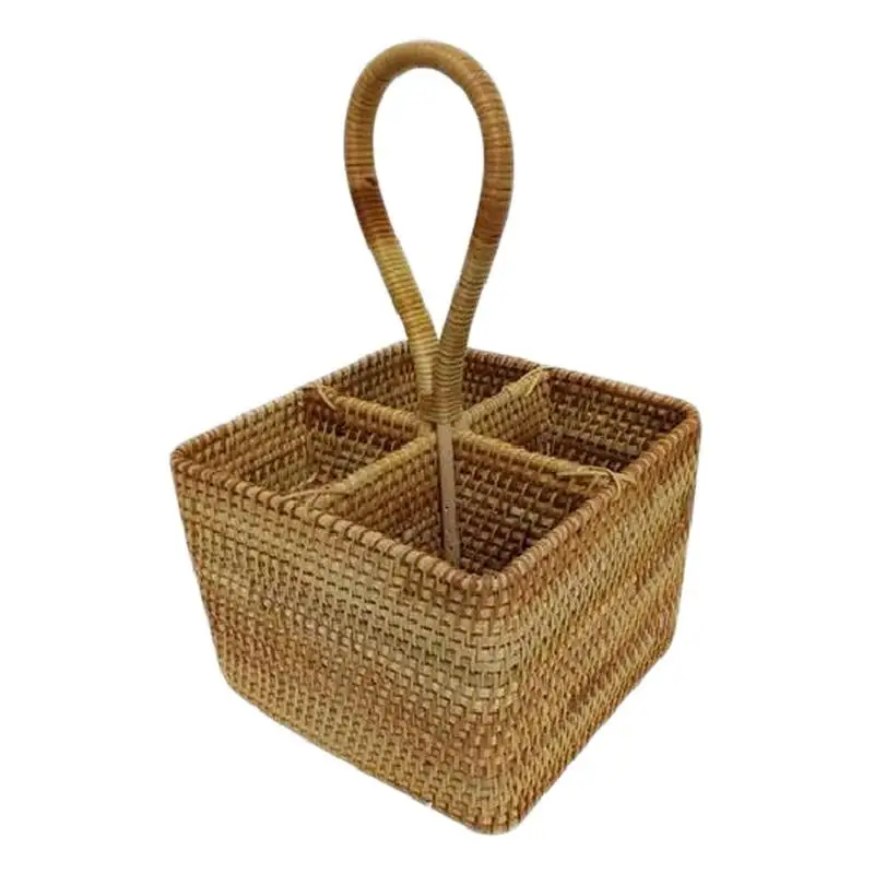 

Wicker Basket Natural Hand Woven Storage Picnic Basket 7x7in Long Handle 4 Compartments Rattan Basket for Picnic Bottle Cutlery