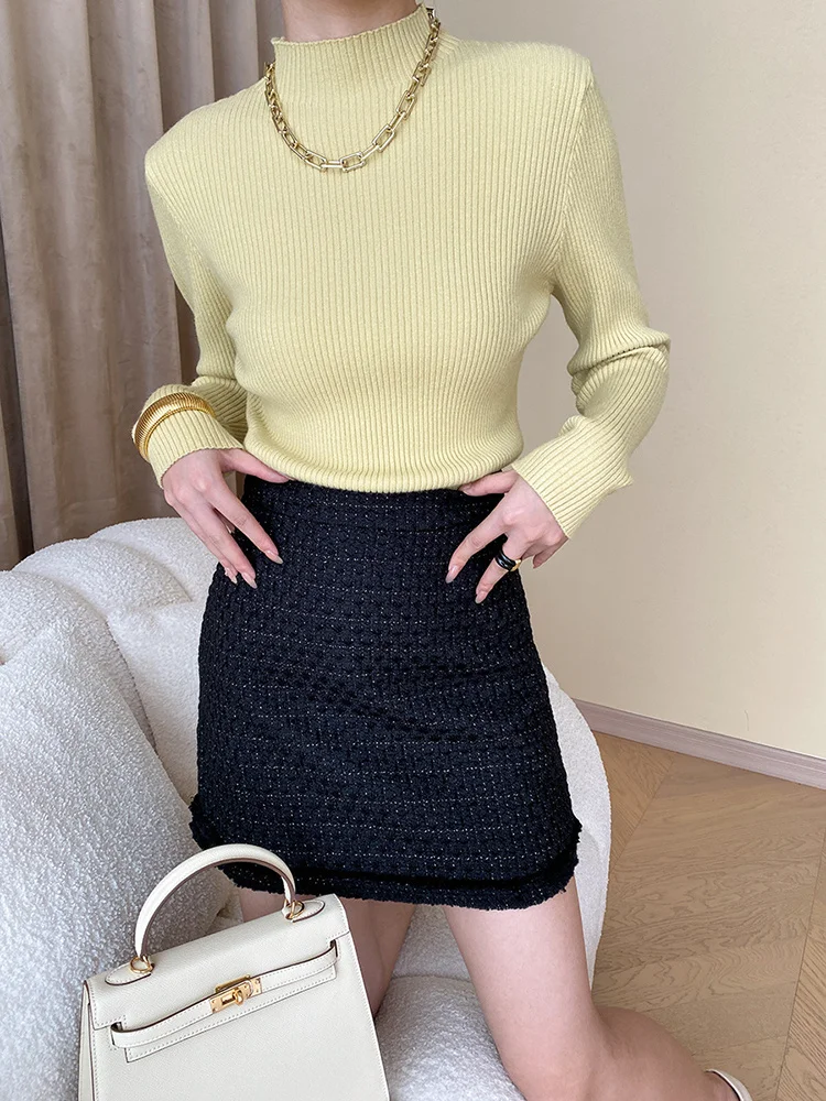 

Yellow Plain High Elastic Knitting Sweater Turtleneck Long Sleeve Women Pullovers New Fashion Spring Autumn O591