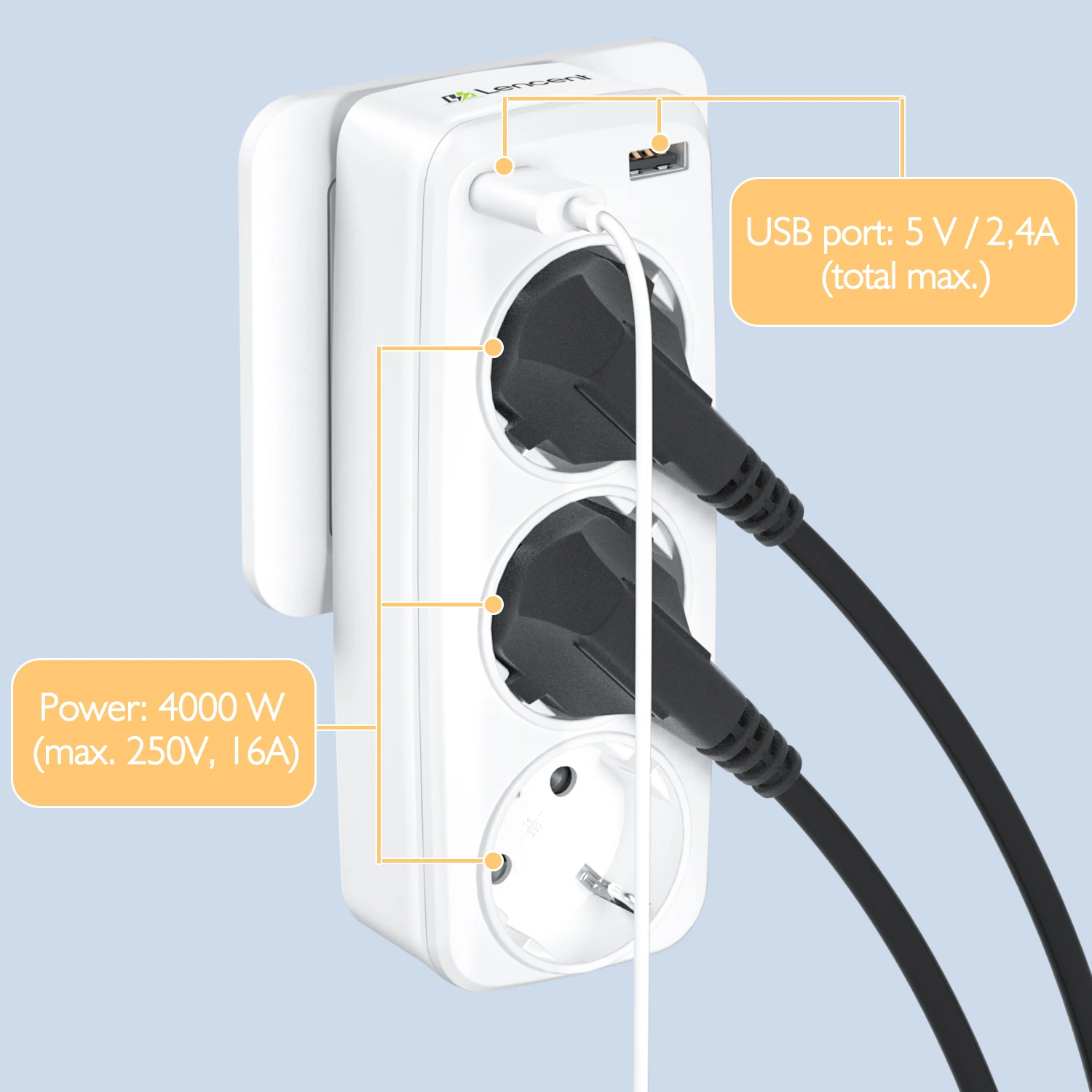 Power Strip Plug Adapter Electrical Socket Power Socket Power Plug Adapter Wall Socket Extender LENCENT Wall Socket Extender with 3 AC Outlets + 2USB Ports 5V 2.4A EU Plug Power Adapter Overload Protection for Home/Office