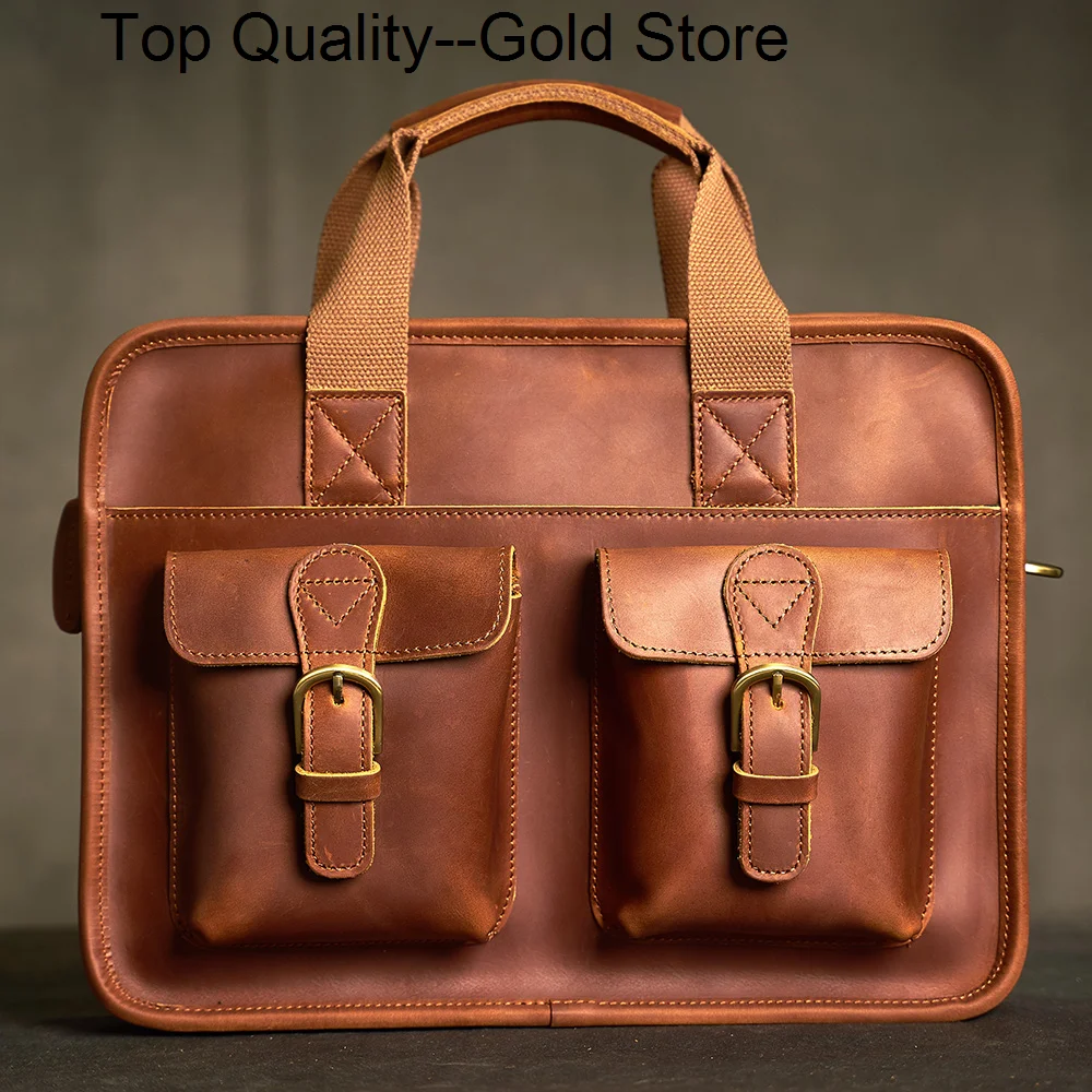 

Genuine Leather Vintage Men Briefcase Man Handbag Shoulder Cowhide Bags Brown Business Fashion Laptop Bag Computer Interlayer