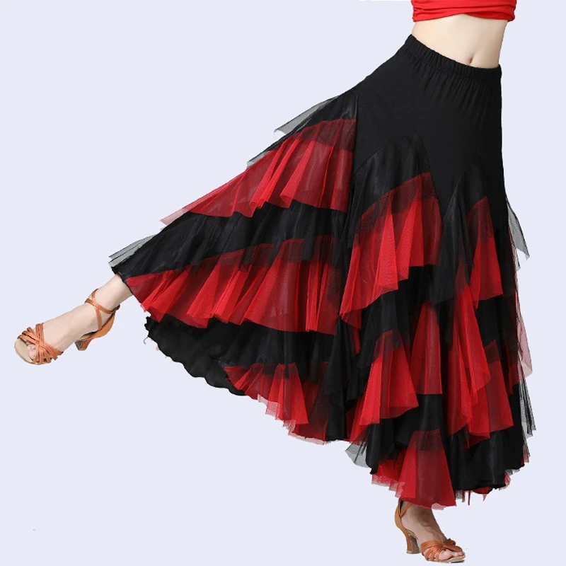 New Women's Modern Ballroom Dance Big Swing Skirt Elegant Satin Multi-Layer Color Matching Waltz Tango Latin Dancedress