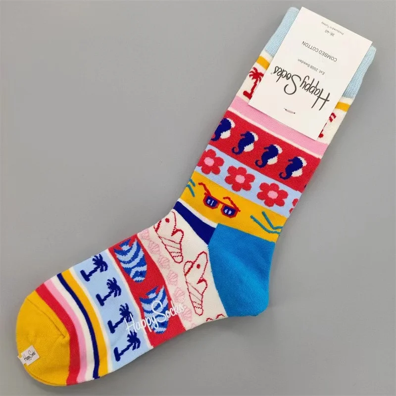HAPPY SOCKS Size 36-40 Adult Women's Personality Four Seasons Thick Mid-tube Socks Artistic Color Polka Dot Pure Cotton Socks womens socks