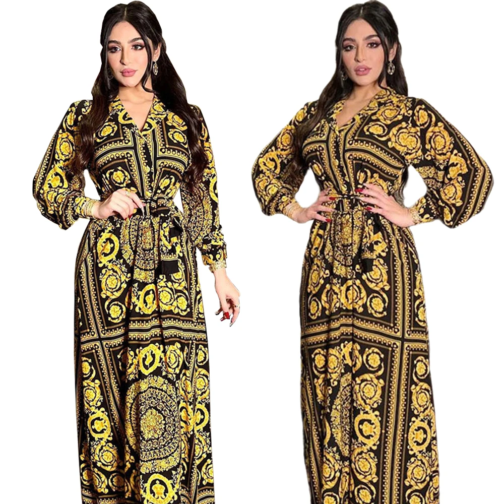 

Длинное платье в этническом стиле для женщин, модное исламское платье с принтом Среднего Востока, Дубай, повседневная абайя, Арабская одежда с одной грудью, осень