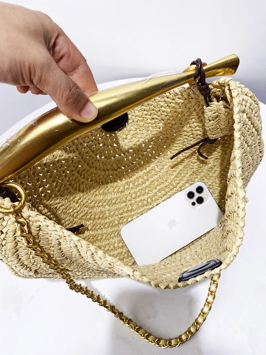 Classic Beach Straw Woven Bags For Women Luxury Designer Handbag Purse 2025 New In Sequined Handle Chain Strap Underarm Shoulder