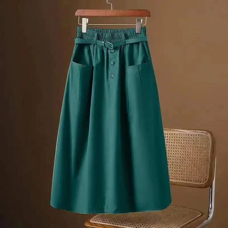 Korean version Summer High waisted Skirt 2026 New Female Solid color Loose Casual Workwear Pocket Half body A-line Skirts