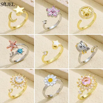 Anelli rilassanti per l'ansia rotante per le donne Moda Stella e luna Fidget Spinner Anello Girasole Ruota liberamente Dito Gioielli Regali