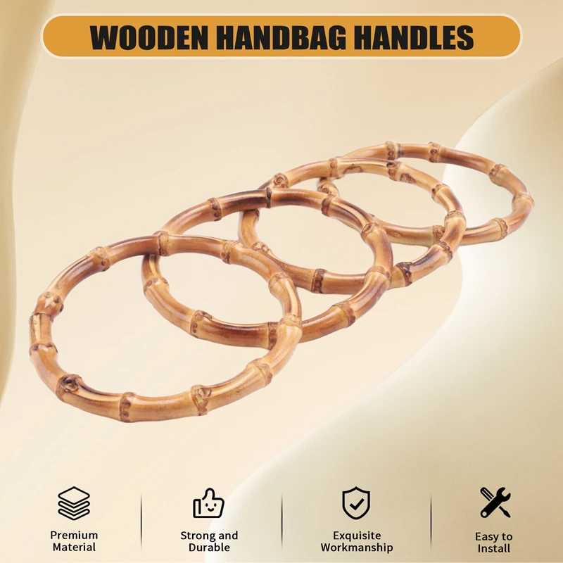 ABXF-4Pcs Wooden Round Bamboo Bag Handle Replacements Handmade Bag Purse Making Handles For Handbag Crafting