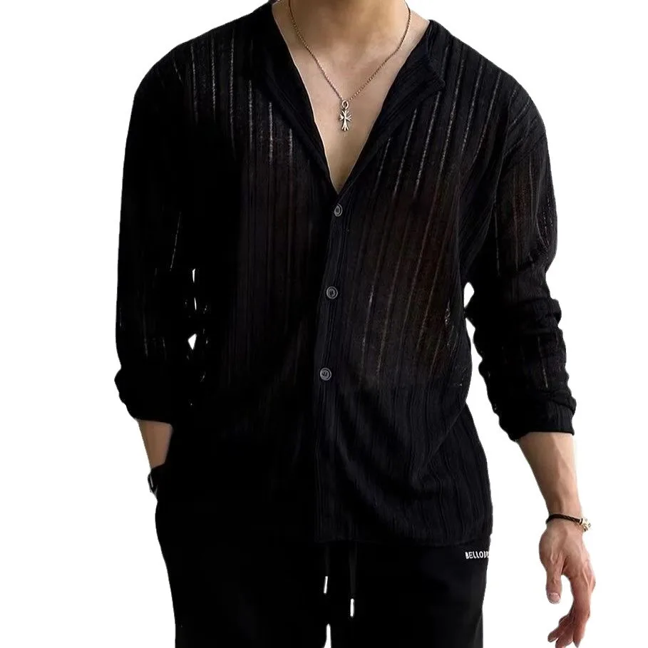 Large Size Men's Shirt V-neck Sexy Knitted Cardigan Solid Color Long Sleeve Hollow POLO Shirt Male Top