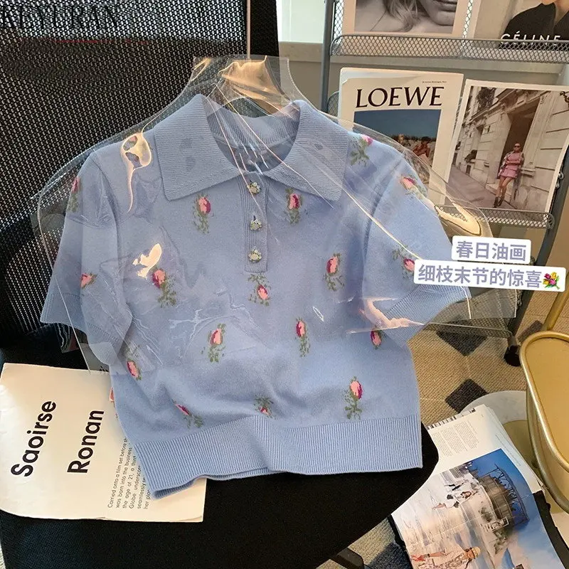 여성용 블루 플로럴 자카드 니트 스웨터 티셔츠, 빈티지 반팔, 라운드넥 풀오버 니트웨어, 크롭탑, Y2k 티, 2023 여름 