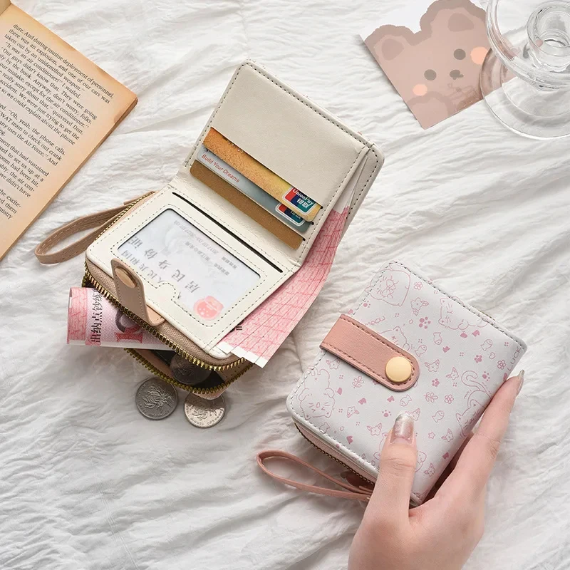 1pc Cute Cat Girls Wallet Short Student ID Bank Card Holder Money Bag Zipper Wallets for Women Key Storage Purse Coin Purse 4