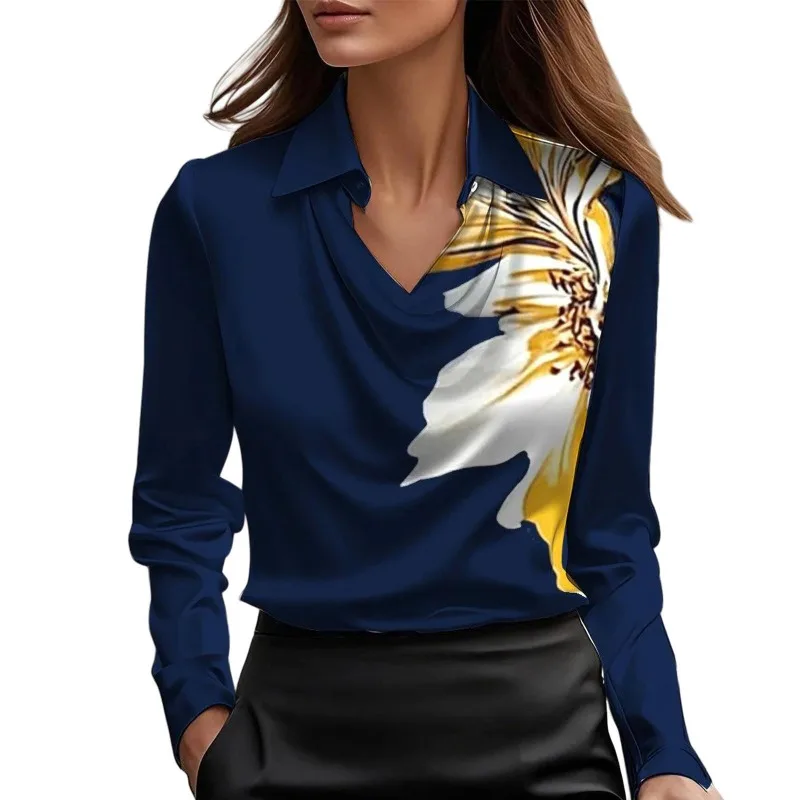 Fashion Spring and Autumn New Women's Turn Down Collar Simple Long-sleeved Shirt Elegant Satin Satin Commuter Casual Blouse