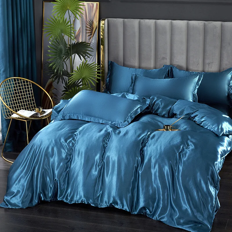 Silk Bedding Set with Duvet Cover Bed Sheet Pillowcase Luxury Satin Bedsheet Solid Color Double Single King Queen Full Twin Size