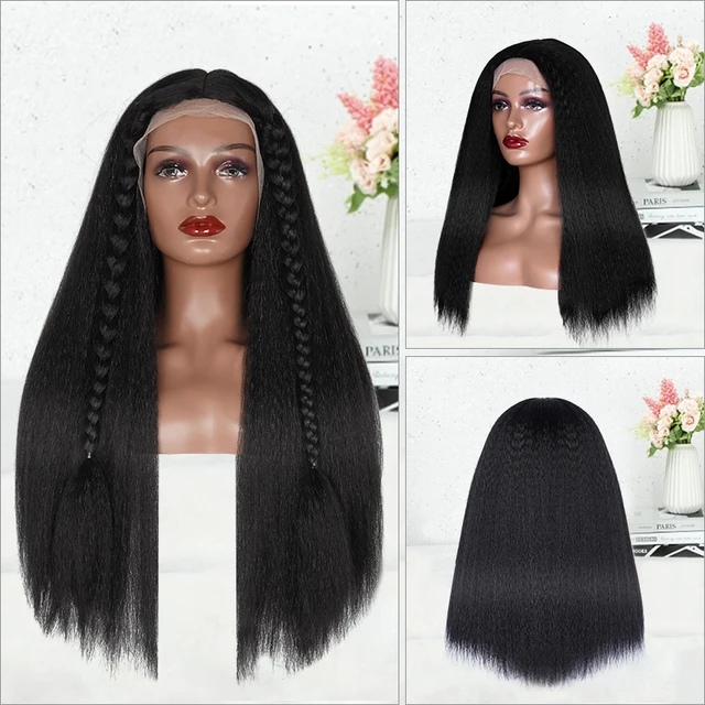220% Density Kinky Straight Synthetic Wigs For Black Women Yaki Straight Wig Pre Plucked Hairline with Baby Hair Afro Wigs 2