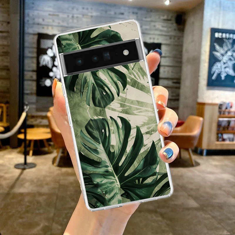Clear Soft TPU Phone Case with Monstera Green Leaf Design