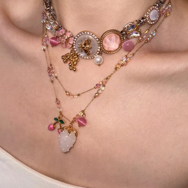 Y2K Sweet Mixed Media Choker Necklace Pink Pearl and Framed Portrait Charms Fruit Drop Coquette Statement Jewelry Gift 3