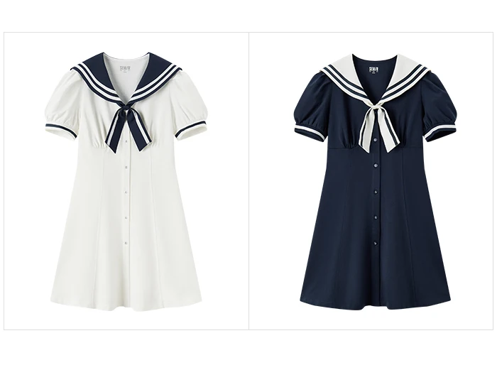 Vestido de verano para mujer, con mangas abullonadas, dulce, nuevo, con temperamento en contraste, cuello azul marino, vestido de primer amor, estilo academia.
