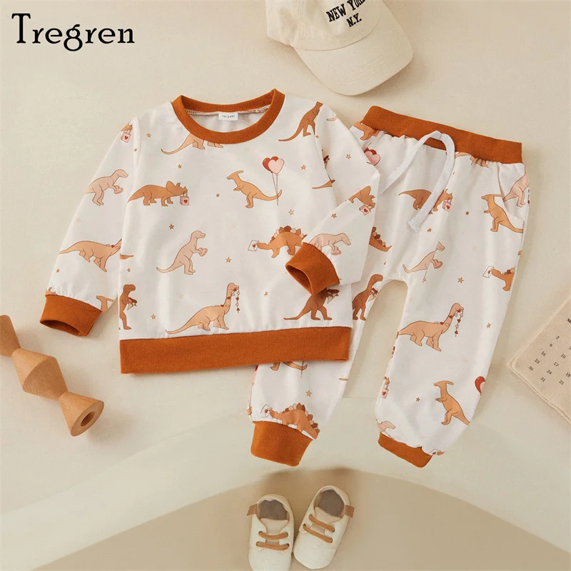 

Tregren 0-3Y Toddler Baby Boys Valentine's Day Outfits Dinosaur Print Long Sleeve Sweatshirts Long Pants 2Pcs Spring Clothes Set