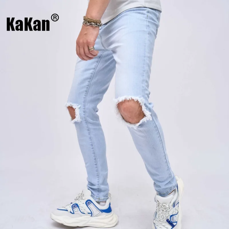 Kakan Europe and America's New Perforated Stretch Jeans for Men, Classic Solid Color Casual Small Foot Slim Pants K49-602