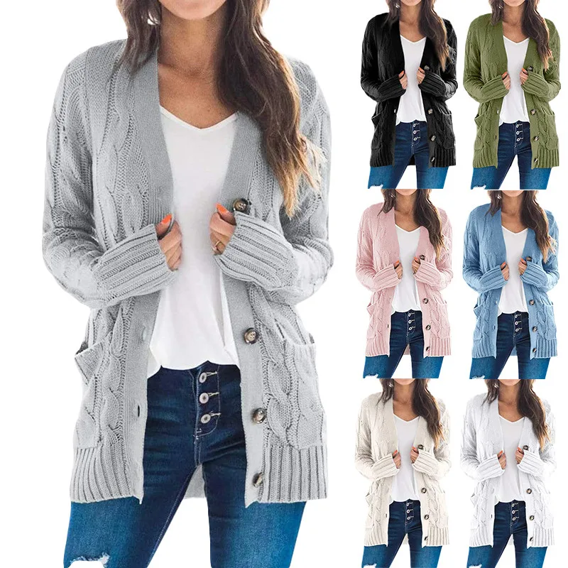 

2023 Fall Winter Women Long Pockets Button Casual Knit Sweater Fashion Loose Long Sleeve Warm Outwear Coat Twist Button Cardigan