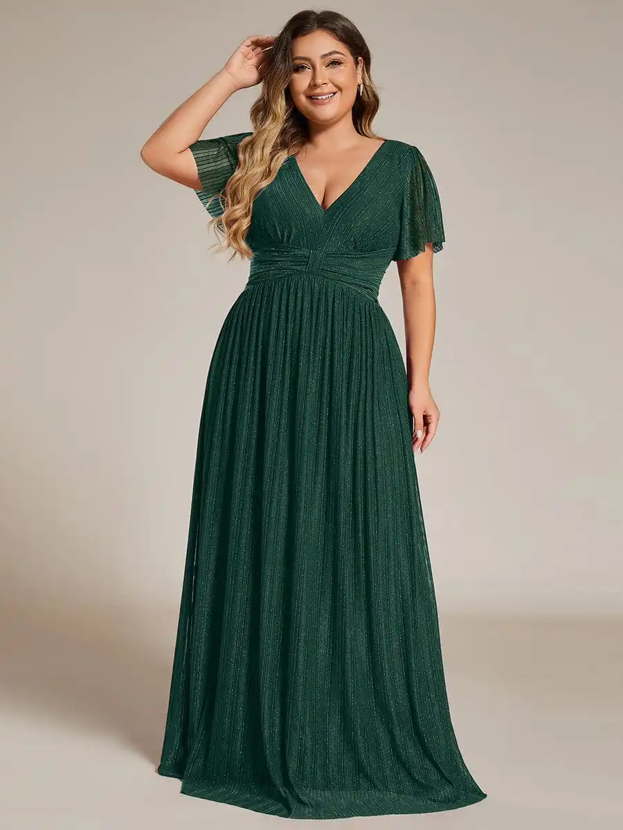 

Plus Size Evening Dresses Glittery Deep V Neck Bowknot Waist Mesh Fabric 2024 Ever Pretty of Dark Green Bridesmaid dress