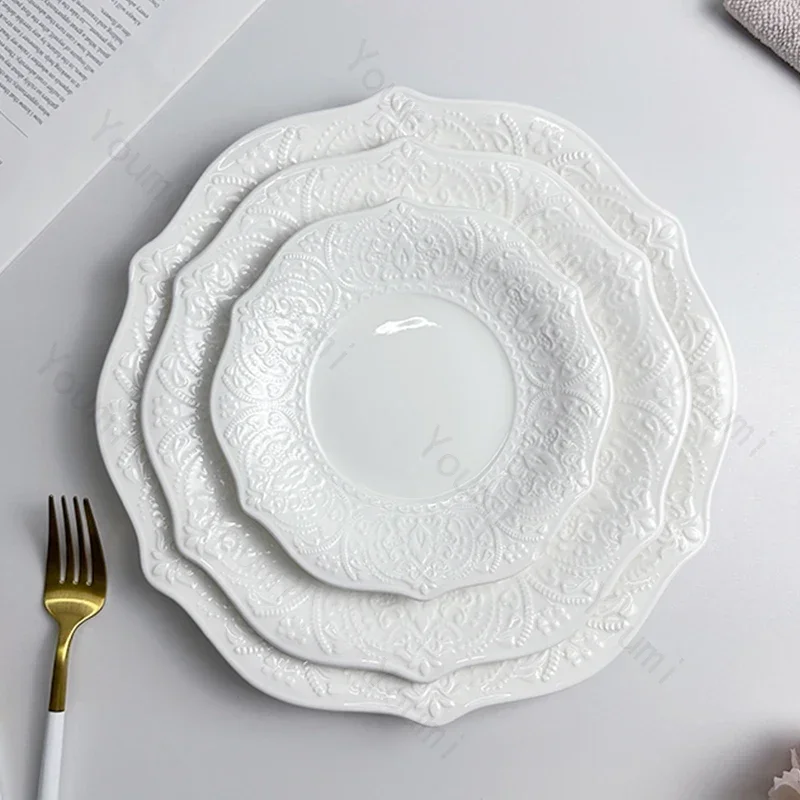 Creative Relief Flower Shape Ceramic Plate Home Breakfast Exquisite Solid Color Tableware Light Luxury Restaurant Dessert Plate
