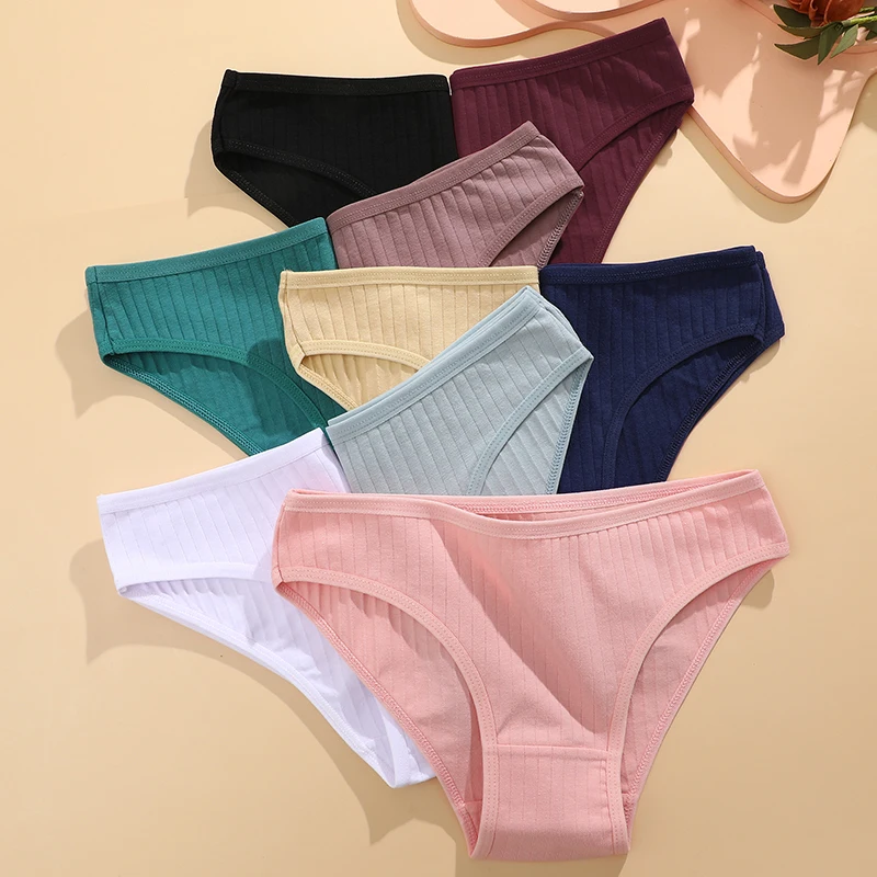 FINETOO 3PCS/SET Women's Cotton Panties Soft Striped Underpants Sexy Solid Color Briefs Female Comfortable Stretch Lingerie M-XL