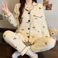 Two-Piece Set Ladies Pajamas Set Long-Sleeved Cartoon Sweet Cute Print Cardigan Home Wear Simple Sleepwear Winter Autumn New - Image 5