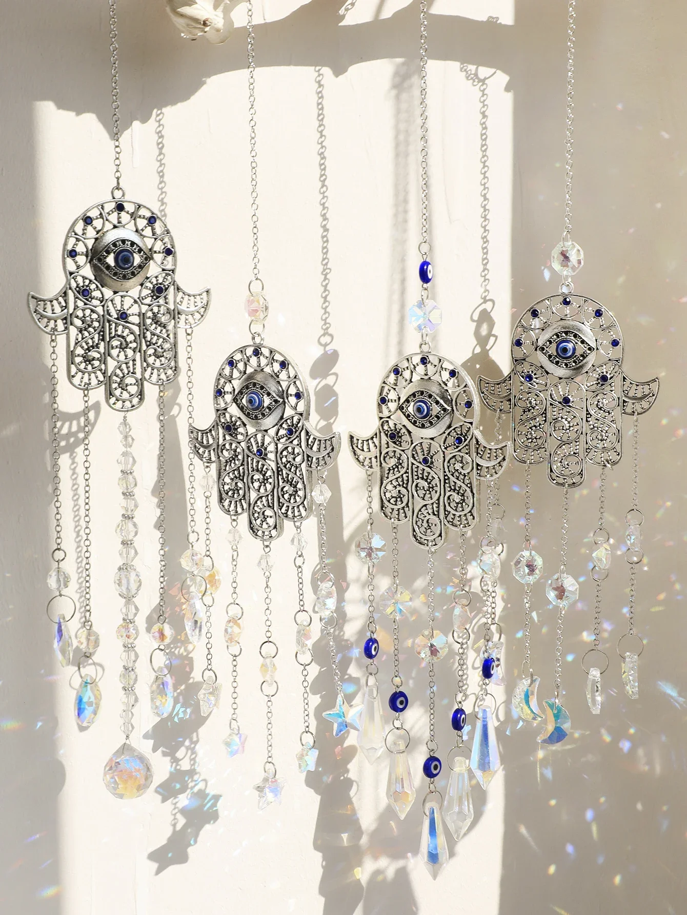 Hanging Evil Eye Crystals Sun Catcher Hamsa Hand Rainbow Maker Chakra Stained Glass Light Catcher Prism Home Garden Decoration