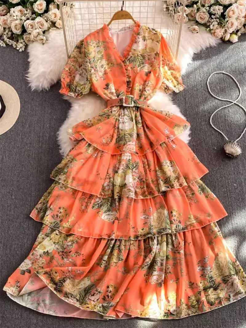 

Beach Resort Beach Dress Retro Women's Short Sleeve 2024 Summer Fashion Elegant Style V-Neck High Waist Cake Dress Maxi K1210