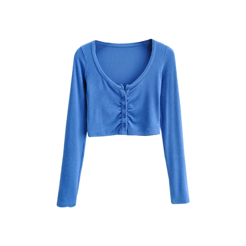 Women Korean Slim Tops V-neck Long Sleeve Buttoned Womens Blouses Y2k Sexy High Street Solid Color Open Navel Cardigan Crop Top