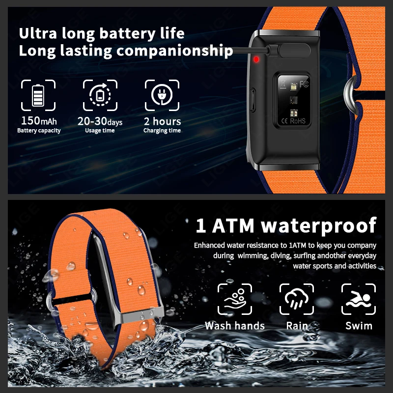 LIGE New No screen Smart Watch GPS trajectory 20-day Ultra-long Use Blood Oxygen Blood Pressure Monitoring Sports Smart Bracelet