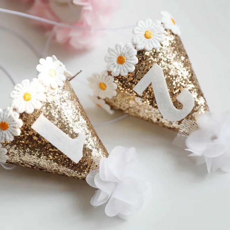 Ins Kids Birthday Party Hat 1 2 3 Baby Shower Decor Daisy Theme Birthday Headwear Glittler Hats For Baby Girl Pets Cap