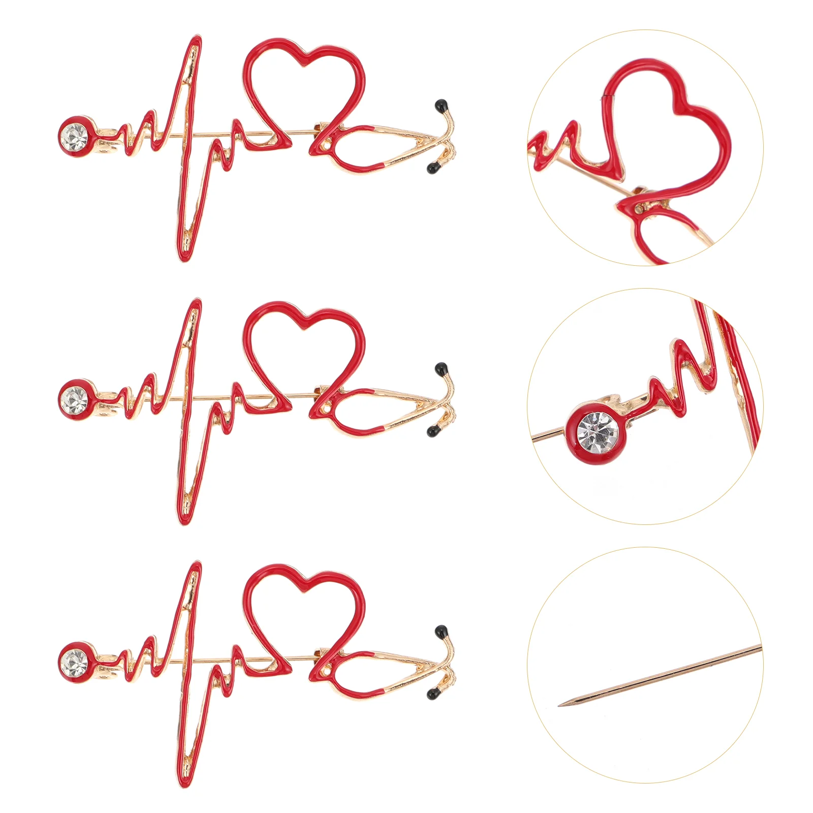 

3pcs Stethoscope Brooch Electrocardiogram Brooch Personality Brooch Rhinestone Heart Lapel for Clothes
