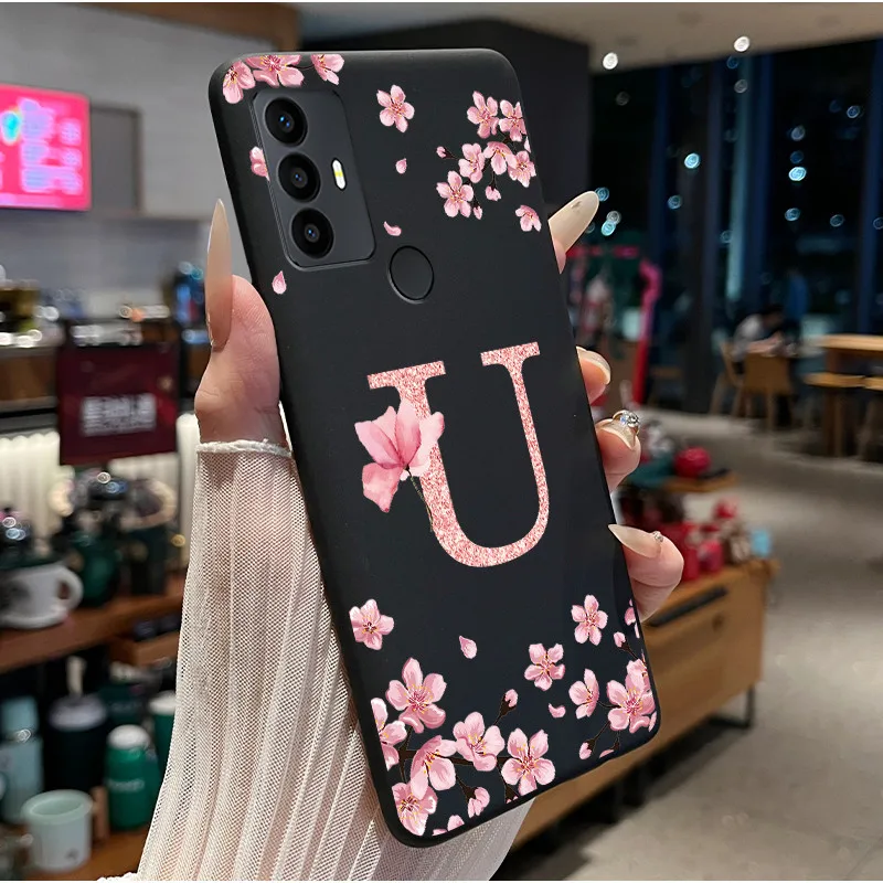 Floral Initial Letter Soft Silicone Protective Phone Case - Black