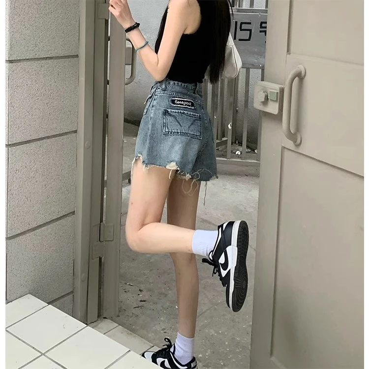 레트로 로우 에지 하이 웨이스트 데님 반바지, 여성 빅 사이즈, 지방 mm, 여름 매콤한 소녀 하이 스트리트, 루즈 와이드 레그 핫팬츠