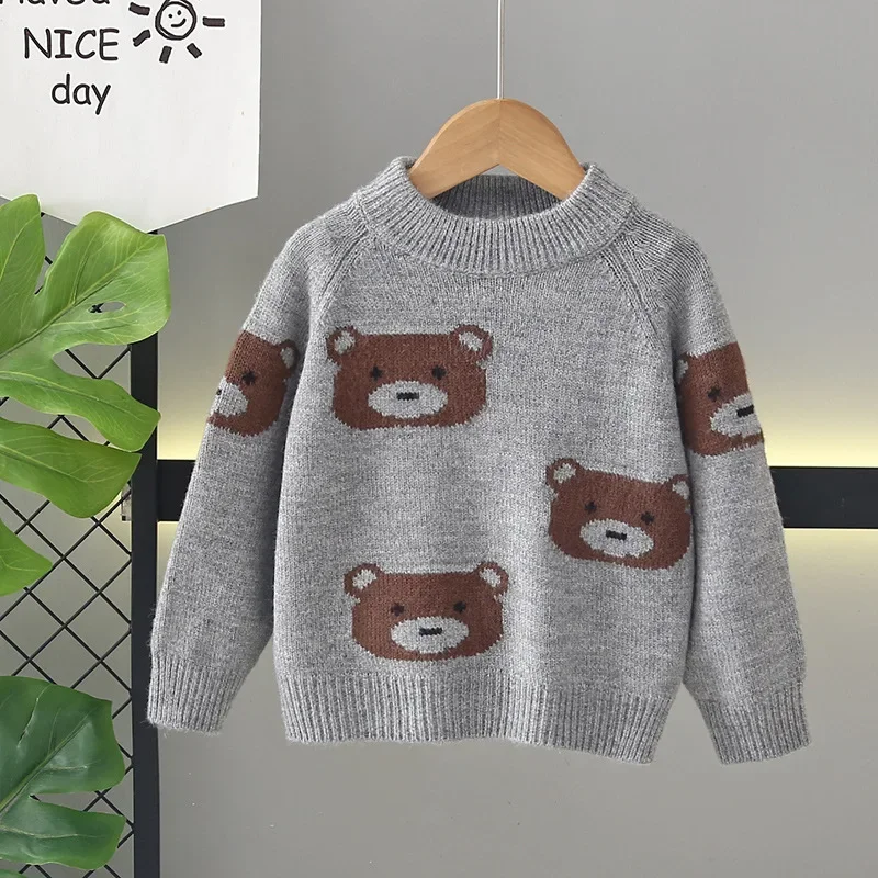 소년용 곰 패턴 스웨터 한국 스타일 두꺼운 2025 겨울 플리스 안감 니트 풀오버 따뜻한 아동복 2-8세용