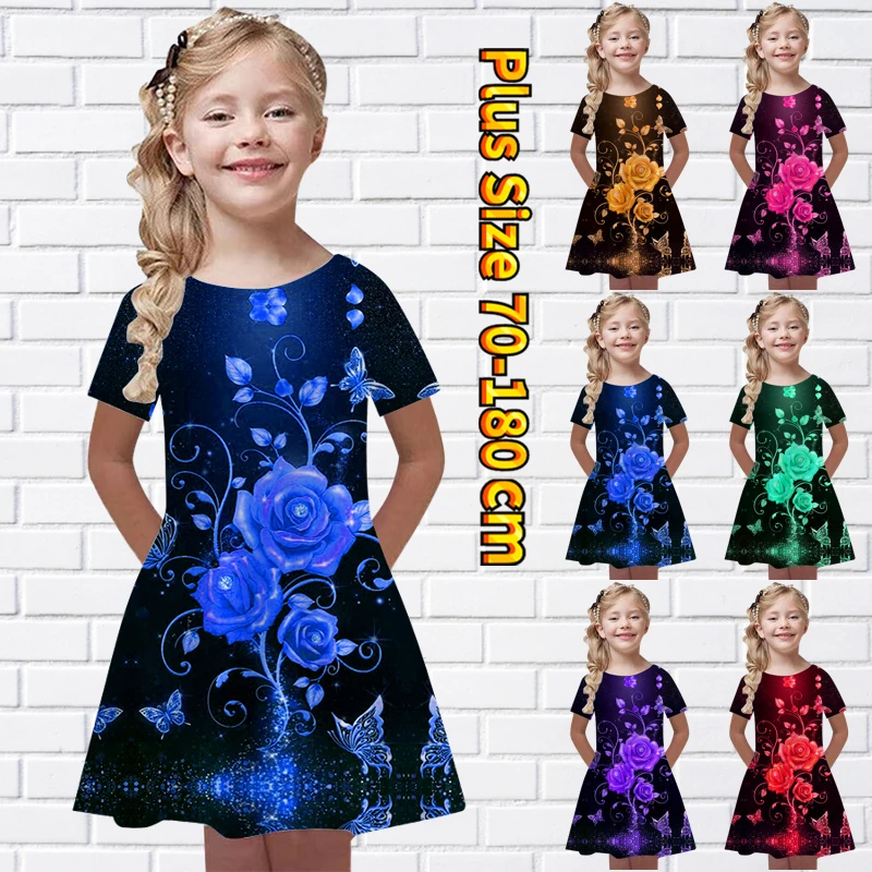 

2022 Summer Little Girl Flower Print Knee-length Skirt Midi Skirt Fashion Princess Dress Round Neck Vintage Short Sleeve Skirt