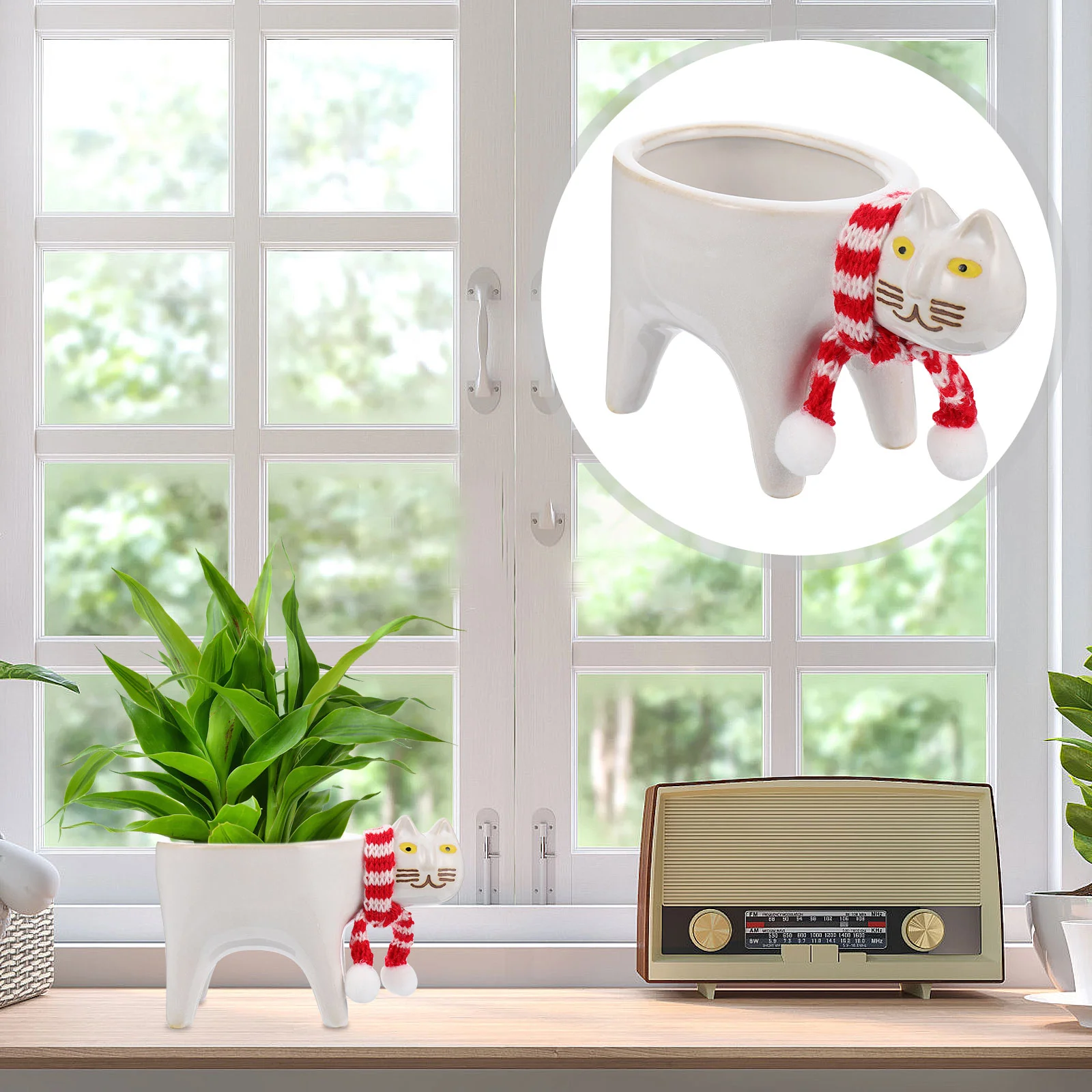 

Cat Plants Pots Decorative Planter Ceramic Flower Vase with Scarf Porcelain Bonsai Holder Table Centerpiece