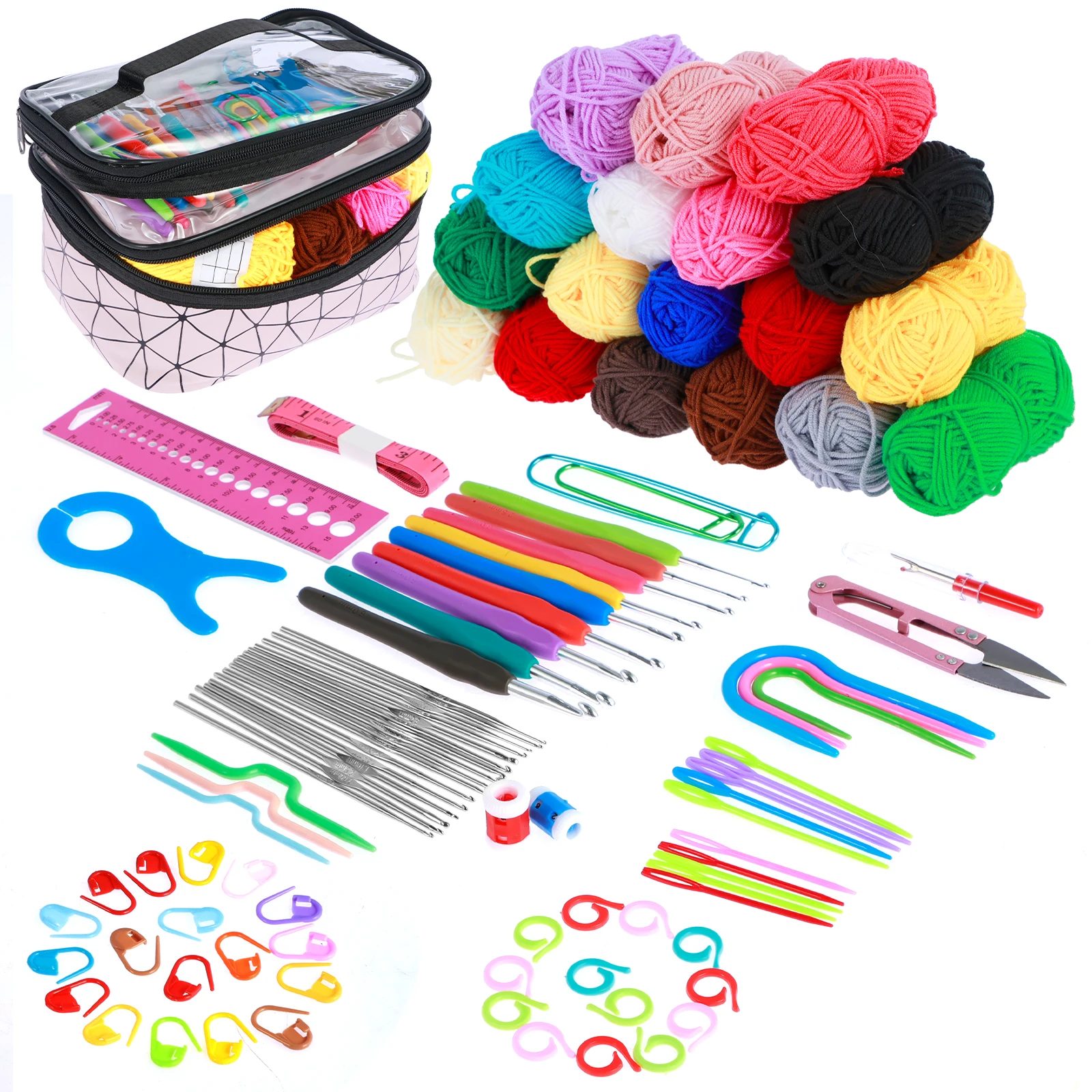 

105Pcs Crochet Hook Kit Portable Crochet Yarn Set 18 Color 900 Yards Yarn Balls Complete Crochet Starter Kit DIY Crochet