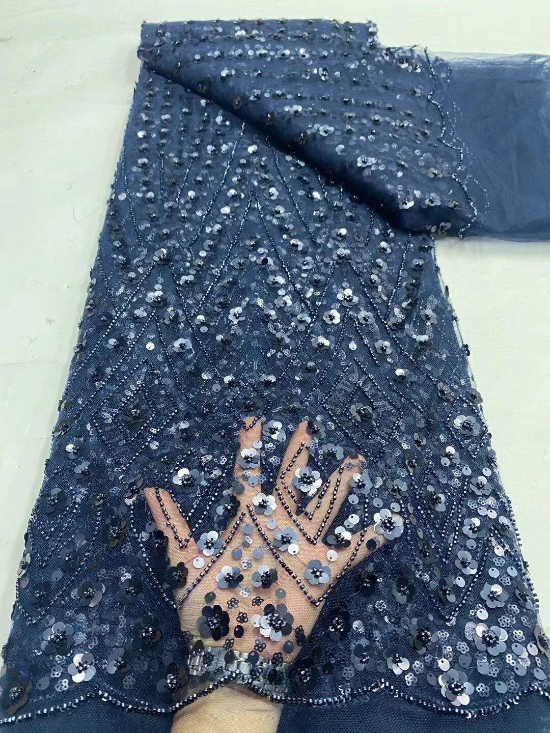 AfricanRedFabricEmbroideryTulle5YardsMeshSequinsLaceWedding